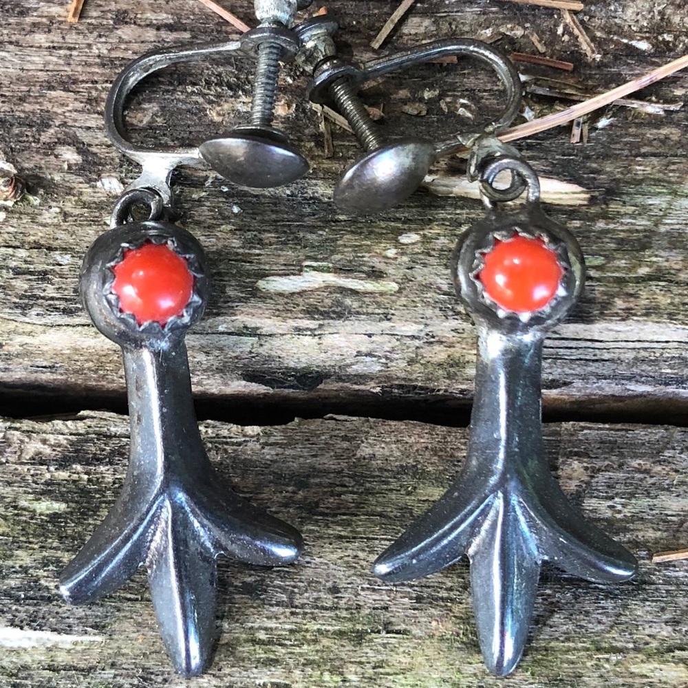 Sterling coral naja screw back earrings OLD